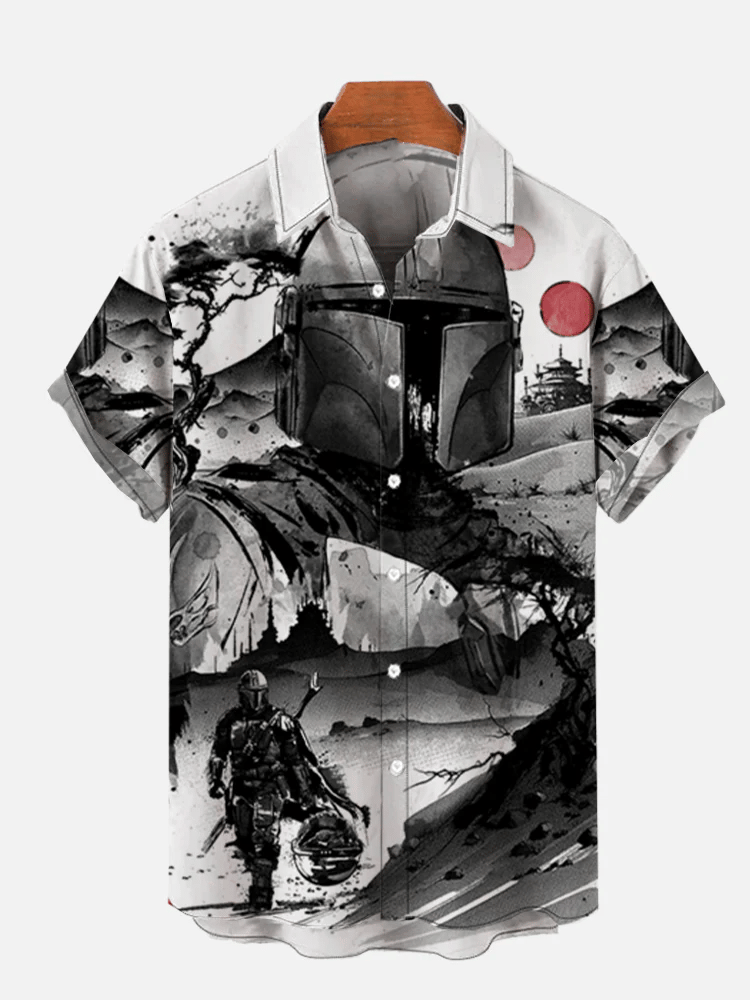 Men's Ukiyoe Japanese Art Space War Masked Samurai Print Short Sleeve Shirt