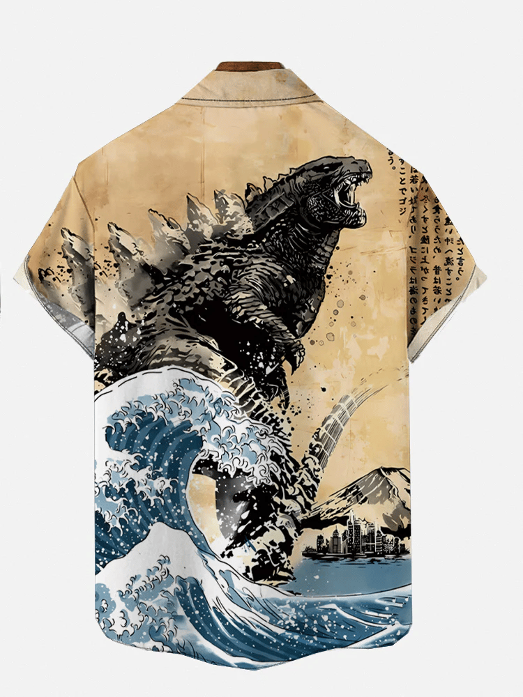 Godzilla Men's Ukiyo-e Monster Print Short Sleeve Shirt