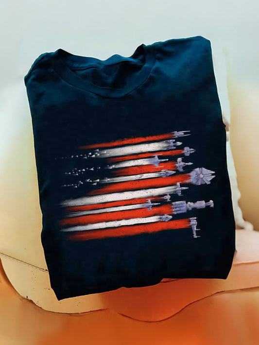 Men's 100% Cotton Planet Print Crew Neck Short Sleeve T-Shirt