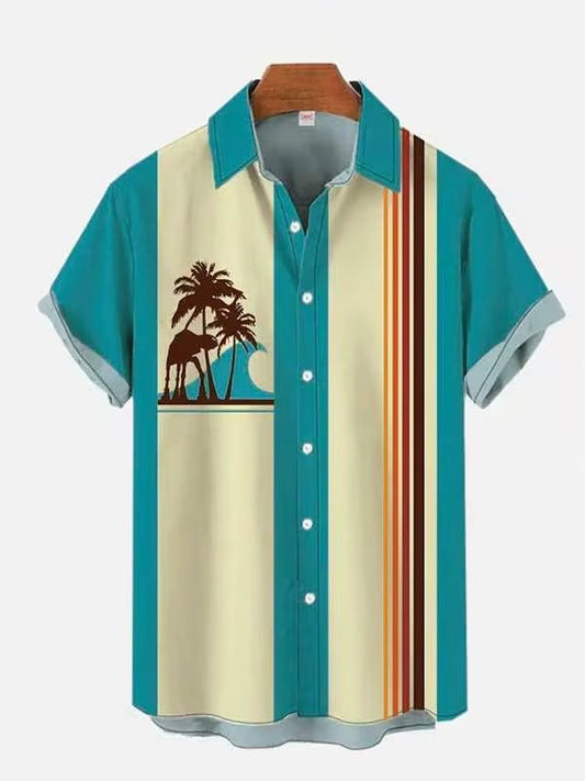 Men's Retro Planet Print Cuban Collar Short Sleeve Shirt