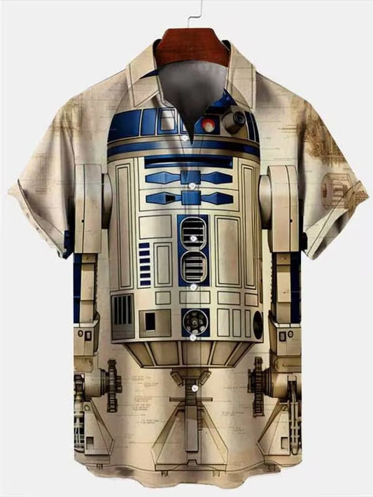 Men's Retro Planet Print Cuban Collar Short Sleeve Shirt