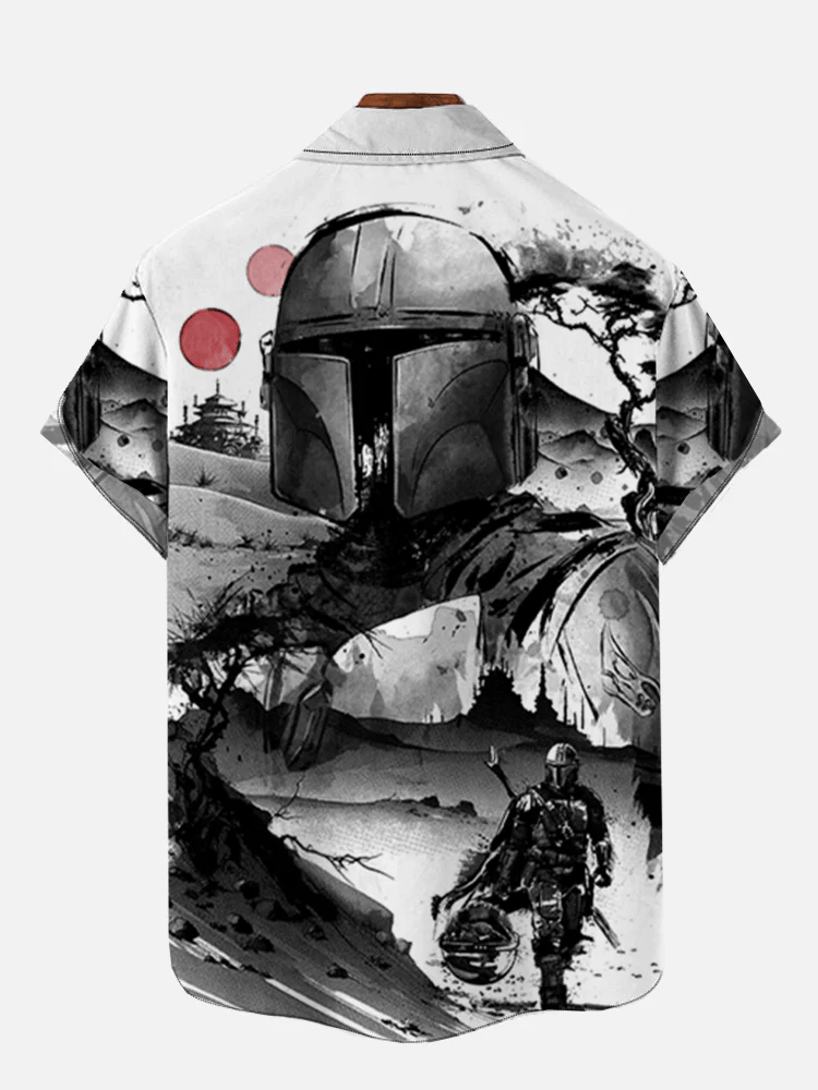 Men's Ukiyoe Japanese Art Space War Masked Samurai Print Short Sleeve Shirt