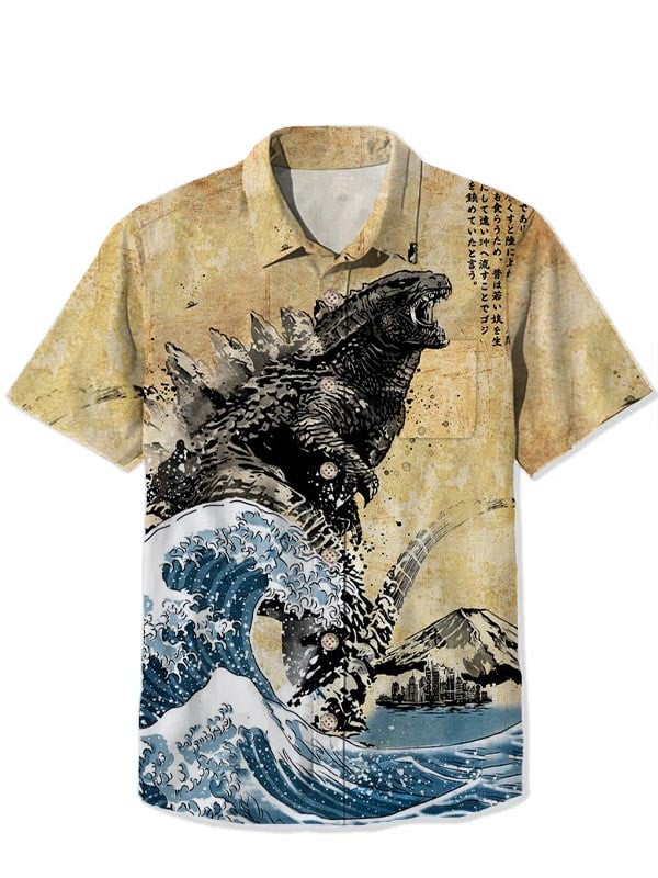 Godzilla Men's Ukiyo-e Monster Print Short Sleeve Shirt