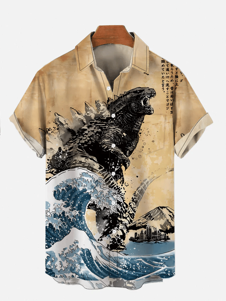 Godzilla Men's Ukiyo-e Monster Print Short Sleeve Shirt